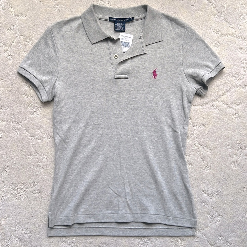 NWT “Gray” Ralph Lauren Polo Short Sleeve Shirt w/Pink Embroidered Pony Logo